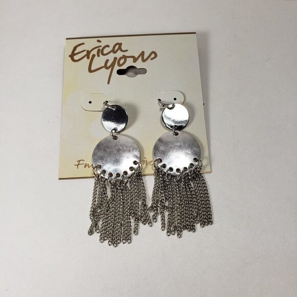 Erica Lyons Silver tone Hammered Round Disc Fringe Drop Dangle Earrings - Picture 4 of 5